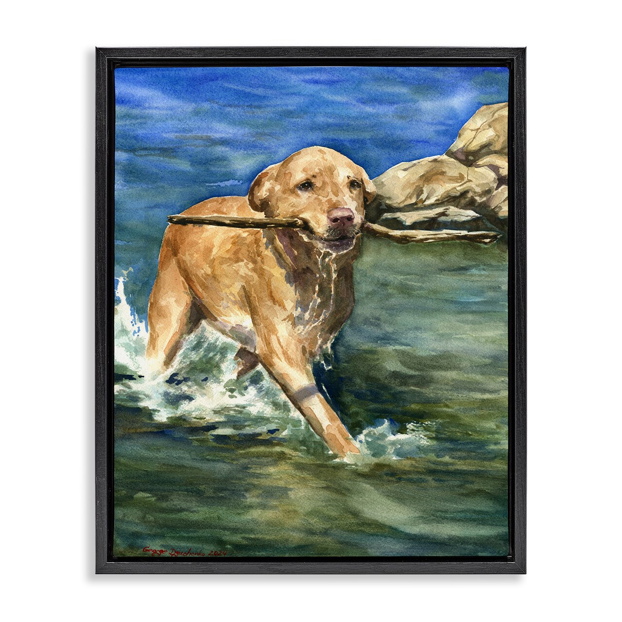 Stupell Industries Happy Labrador with Stick Floating Frame, design by George Dyachenko